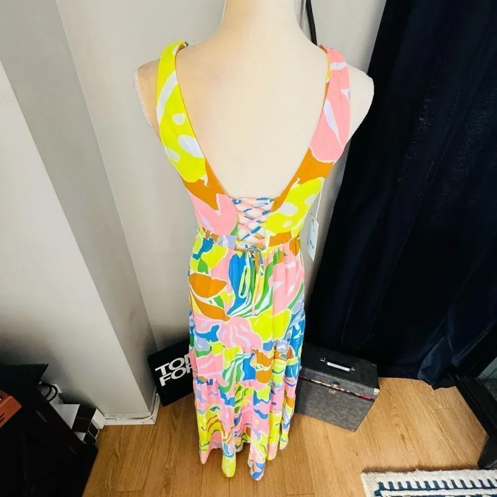 Maaji Selvatik Marea Knit Cover-Up Maxi Dress, Yellow/Blue‎ Size Small 2/4, NWT